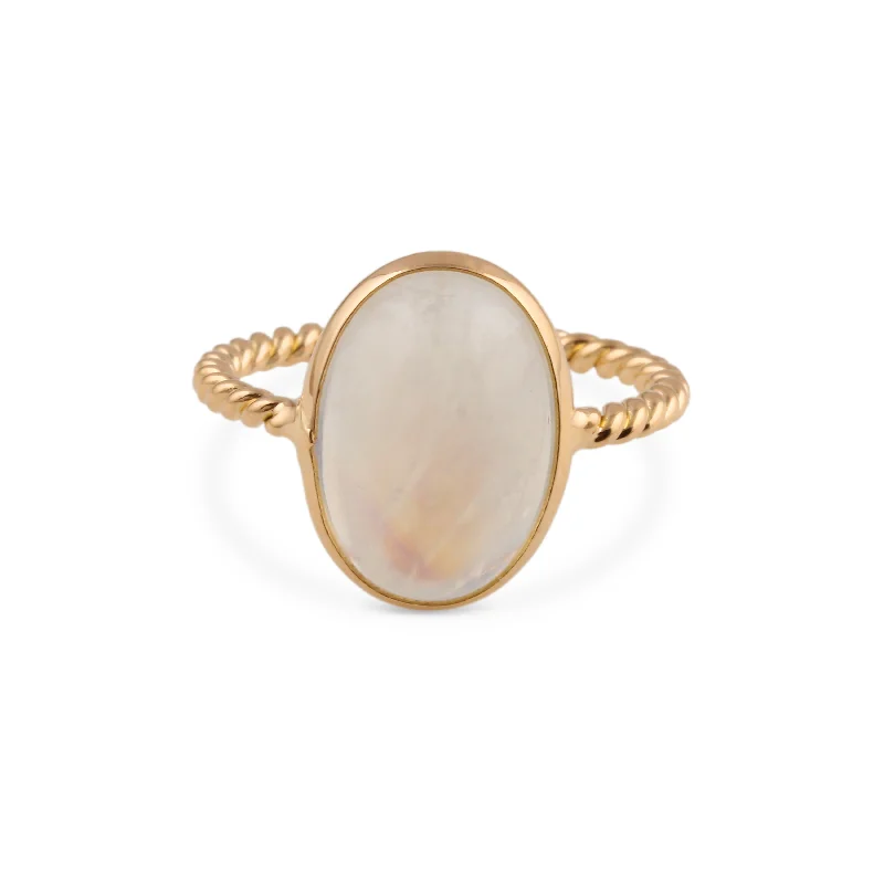 Ladies eternity rings-Rainbow Moonstone Oval Ring In 18K Yellow Gold