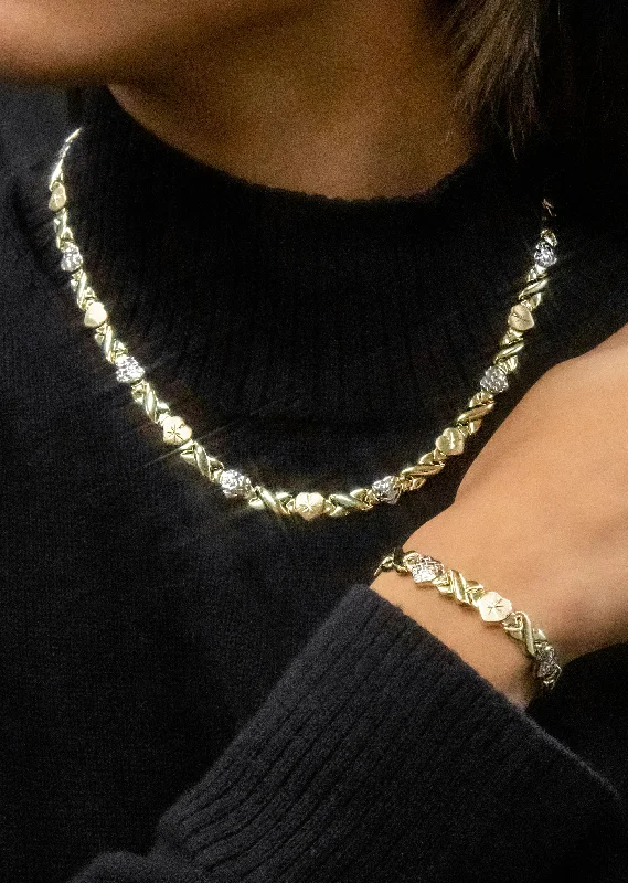 Ladies solid silver bracelets-YELLOW GOLD "XO HEART" HOLLOW DIAMOND CUT TWO TONE NECKLACE & BRACELET SET FOR WOMEN  | APPX 17.3 GRAMS