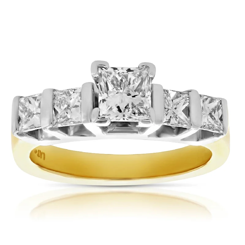 Ladies engagement rings with engraved messages-1.75 cttw SI1 5 Stone Princess Diamond Engagement Ring 14K Yellow Gold