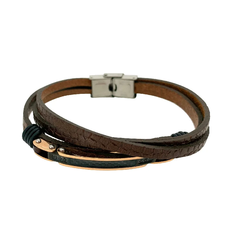 Ladies silver bangle with pearls-Brown Leather Three Cord Bracelet with Gold & Black Steel Bar