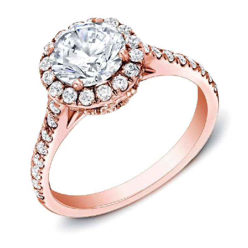 Ladies oval diamond engagement rings-Auriya 14k Rose Gold 1 3/4ctw Round Halo Diamond Engagement Ring Certified