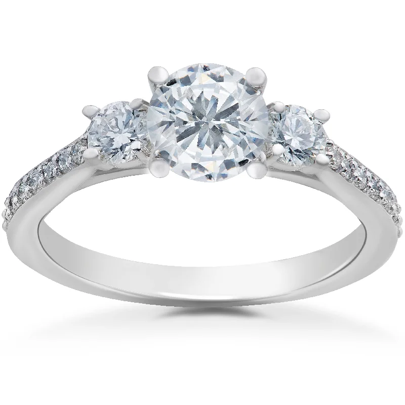 Ladies modern engagement rings-1 ct Round Diamond 3-Stone Lab Grown Eco Friendly Engagement Ring 14k White Gold