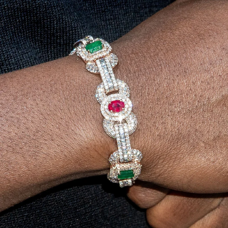 Ladies silver cuff bracelets-High End Jewelry - Diamond Iced Out Ruby & Emerald Bracelet