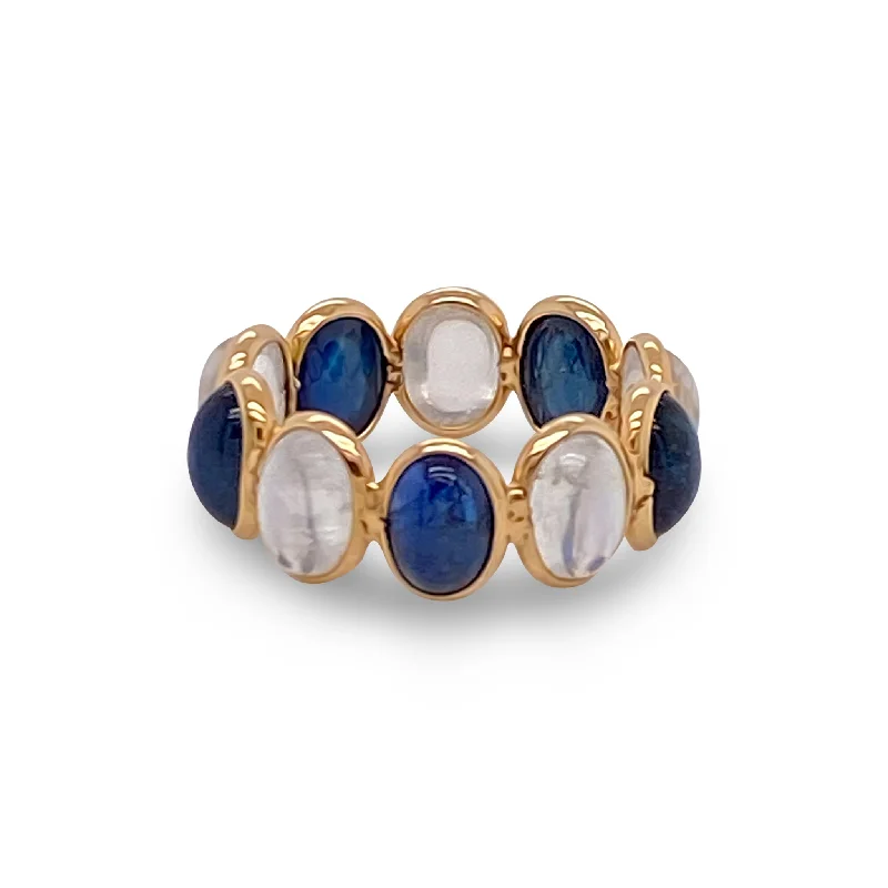 Ladies gold promise rings-Rainbow Moonstone And Blue Sapphire Oval Ring In 18K Yellow Gold