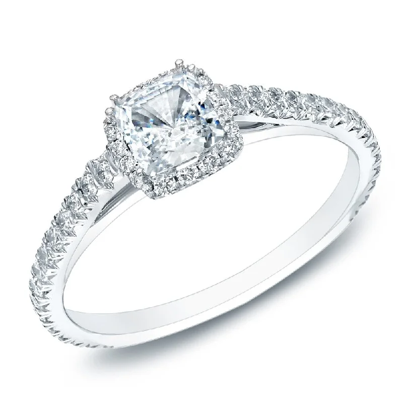 Ladies diamond solitaire rings-Cushion Cut 1ct TDW Diamond Halo Engagement Ring in 14KT Gold by Auriya