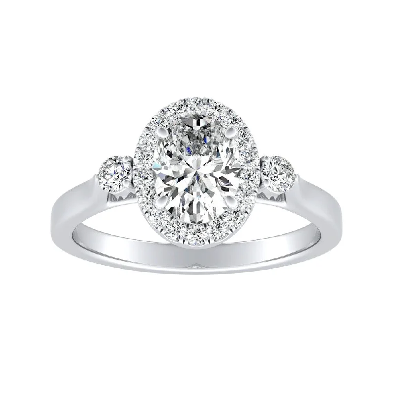 Ladies classic solitaire engagement rings-Auriya 18k Gold 1 1/4ctw Oval 3-stone Halo Diamond Engagement Ring