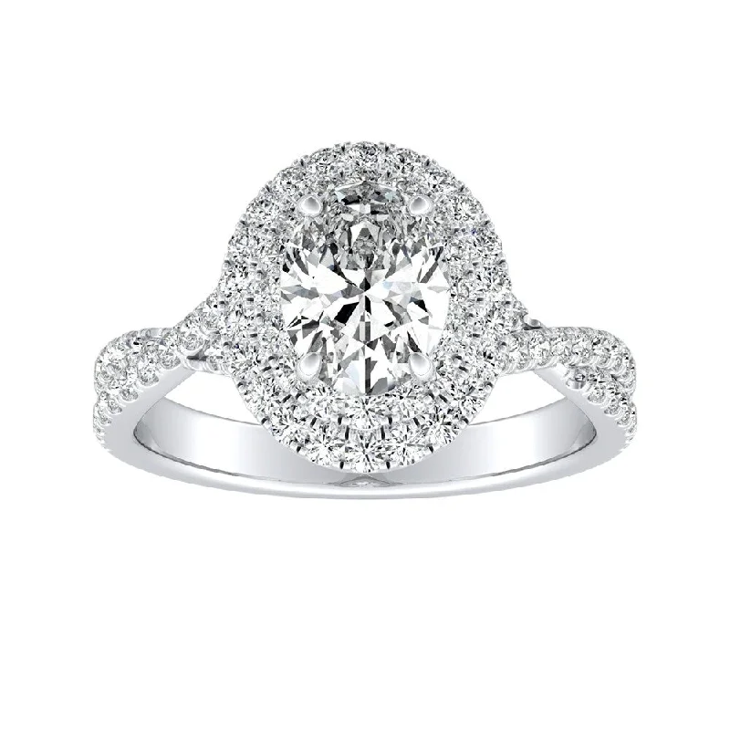 Ladies vintage engagement rings-Twisted Oval Shape 3/4ctw Double Halo Diamond Engagement Ring Platinum by Auriya