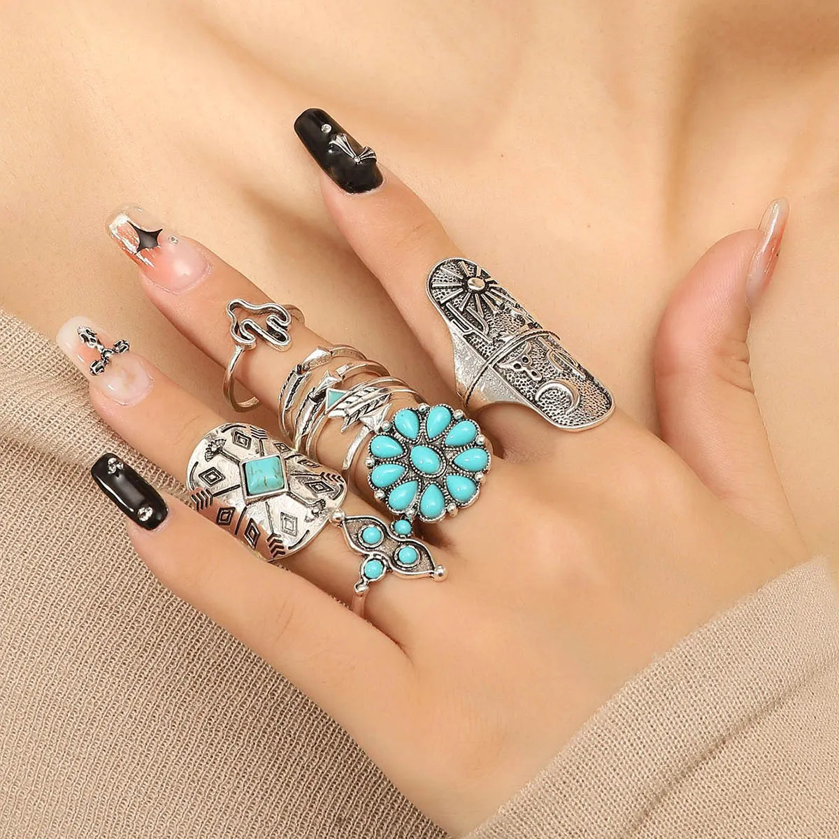 Ladies oval rings-Ethnic Style Geometric Alloy Inlay Turquoise Women'S Rings 9 Pieces