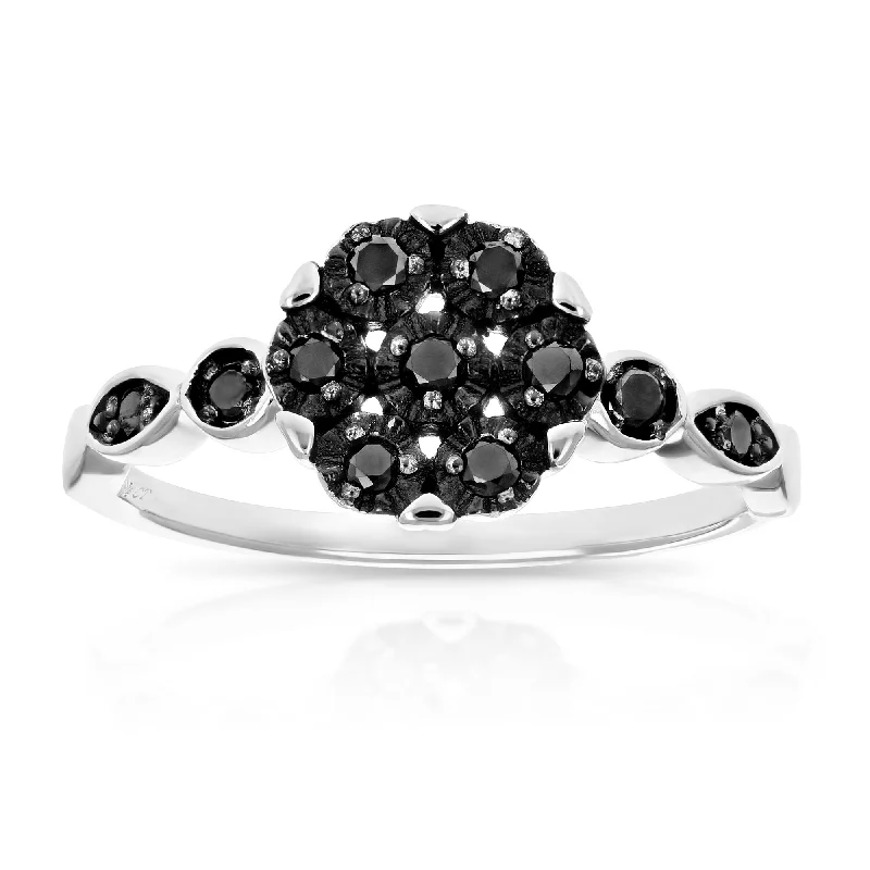 Ladies engagement rings with baguette diamonds-1/4 cttw Black Diamond Engagement Ring .925 Sterling Silver Cluster Composite