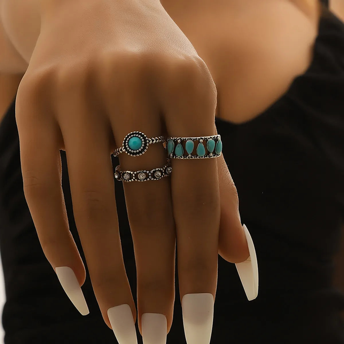 Ladies sapphire wedding bands-Retro Color Block Silver Plated Turquoise Alloy Wholesale Rings