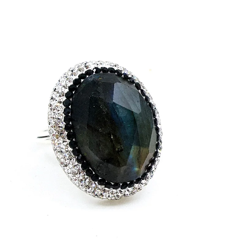 Ladies fashion rings with gemstones-Sterling Silver Adjustable Labradorite Statement Ring