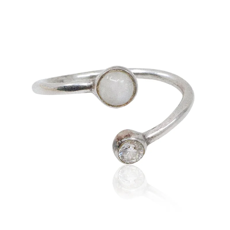 Ladies vintage diamond rings-Sterling Silver Moonstone and Zirconia Ring from France- Size 7, Adjustable