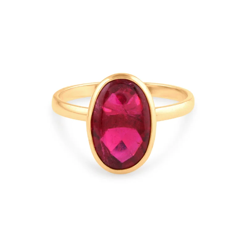 Ladies silver rings-Pink Tourmaline Oval Ring In 18K Yellow Gold