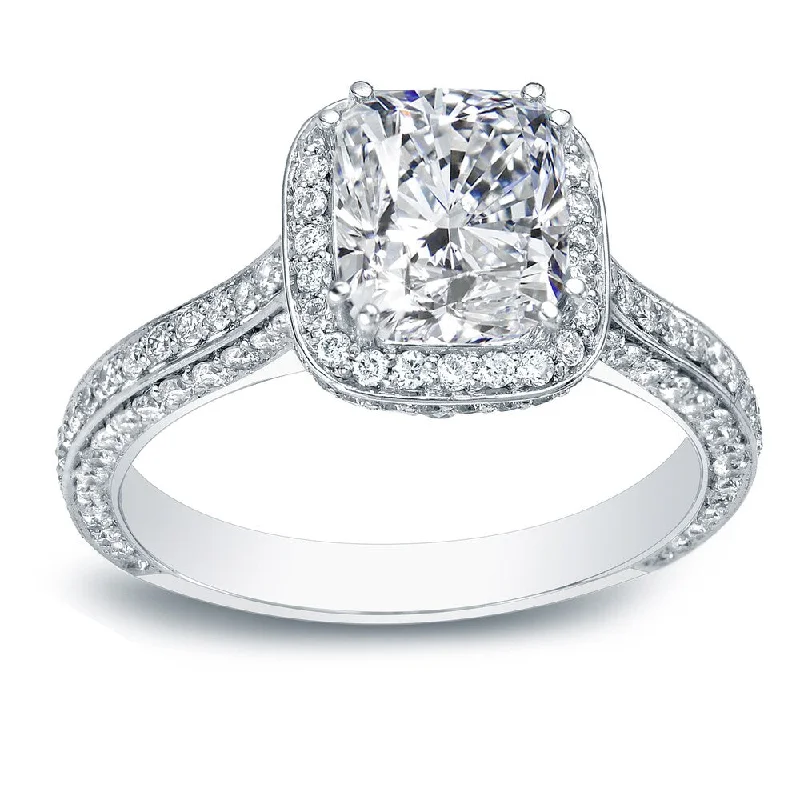 Ladies elegant engagement rings-Auriya 2 1/4cttw Cushion-Cut Halo Diamond Engagement Ring 18-karat White Gold Certified