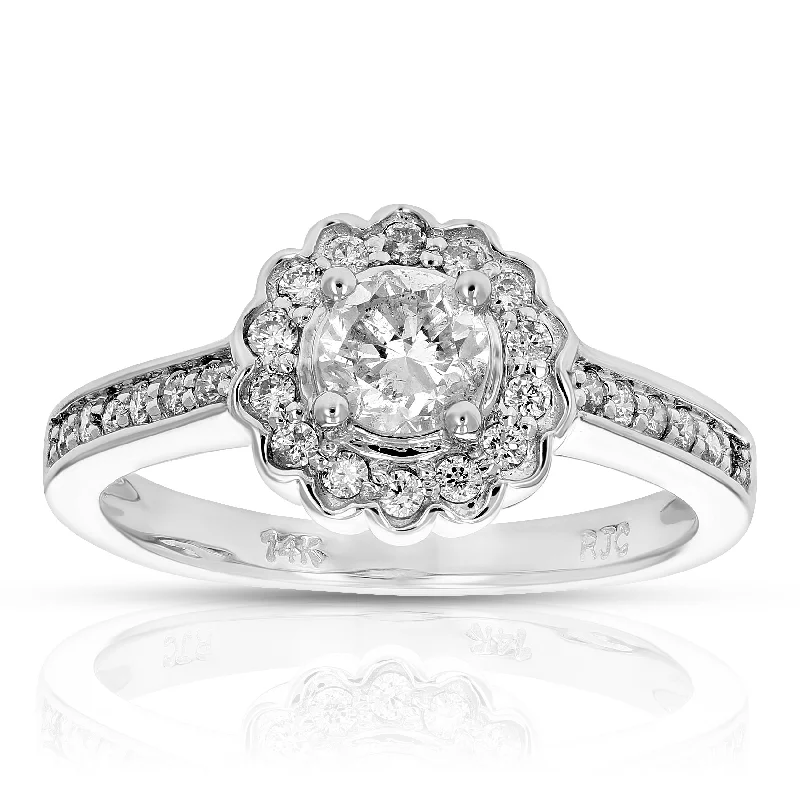 Ladies round cut engagement rings-1 cttw Cluster Composite Diamond Engagement Ring 14K White Gold Round