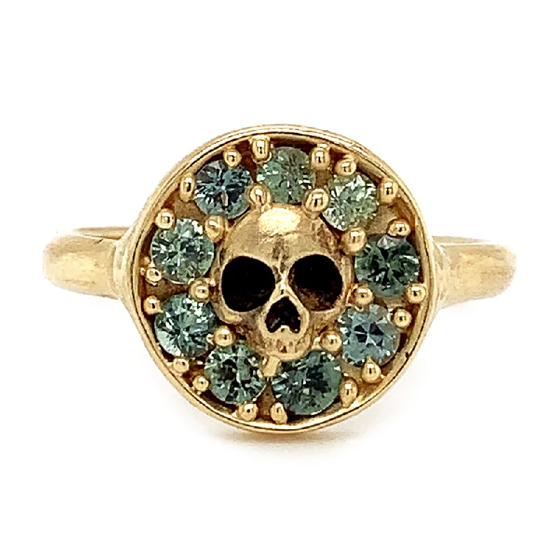 Ladies pearl engagement rings-Ceylon Sapphire & Yellow Gold Skull Ring - "Green Mist"