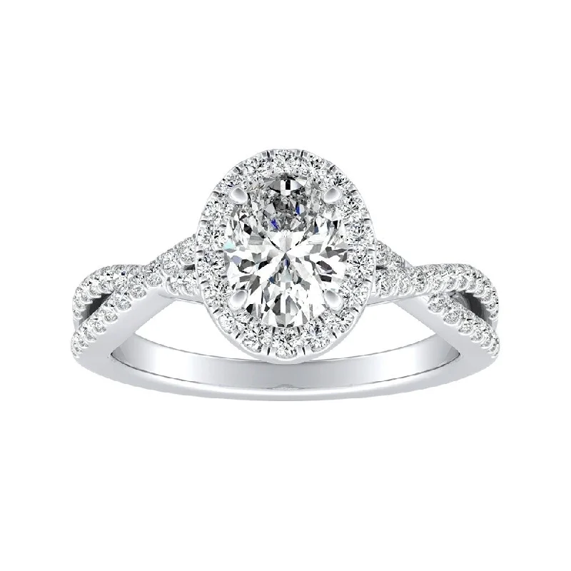 Ladies classic engagement rings-Twisted Oval-cut 1ctw Halo Diamond Engagement Ring 14k Gold by Auriya