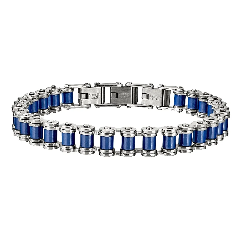 Ladies leather bracelets-Blue & Silver Stainless Steel Biker Chain Bracelet