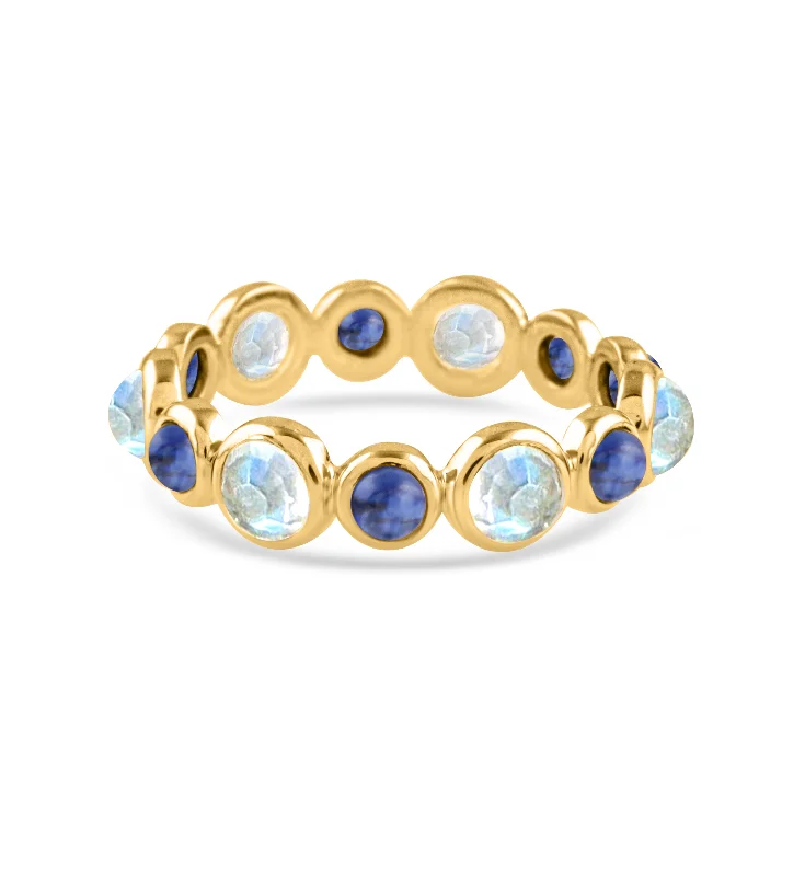 Ladies gold eternity rings-Blue Sapphire and Rainbow Moonstone Round Ring In 18K Yellow Gold