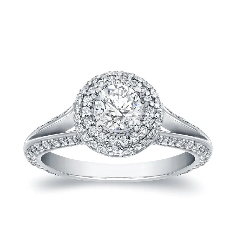 Ladies eternity engagement rings-Auriya Modern 1 1/2ct TDW Round Diamond Halo Engagement Ring 14k White Gold