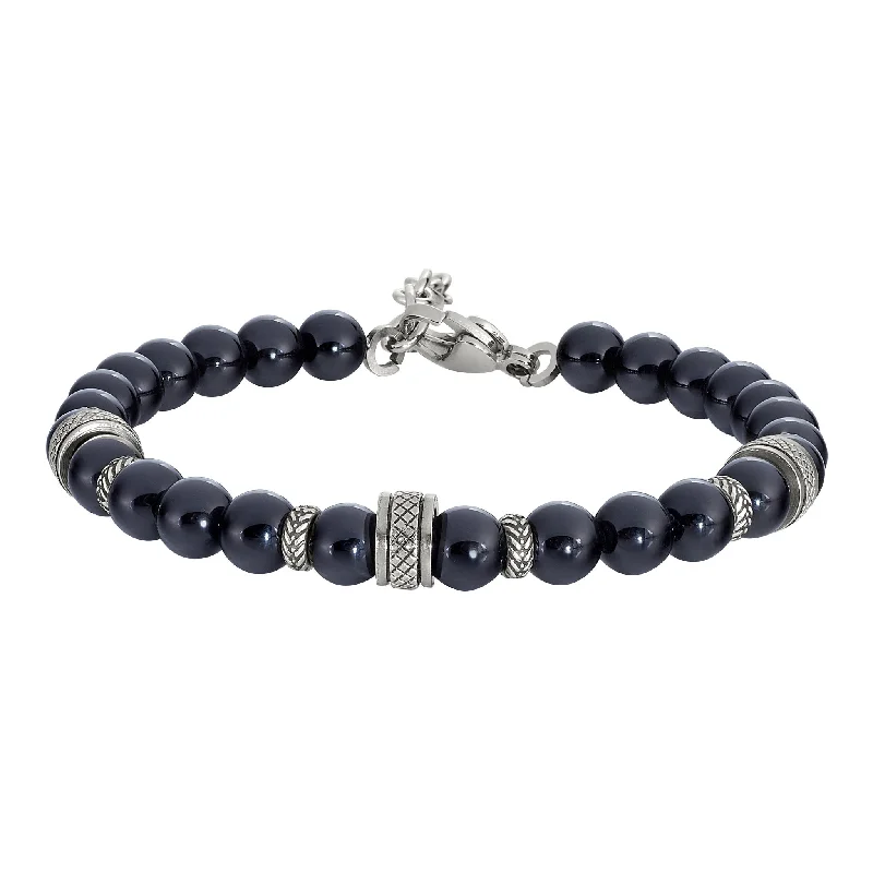 Ladies butterfly bracelets-Black Stone Beaded Bracelet with 3 Stainless Steel Accents