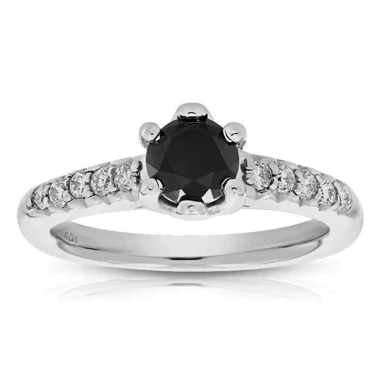 Ladies vintage diamond engagement rings-1.15 cttw Black and White Diamond Engagement Ring 14K White Gold Bridal