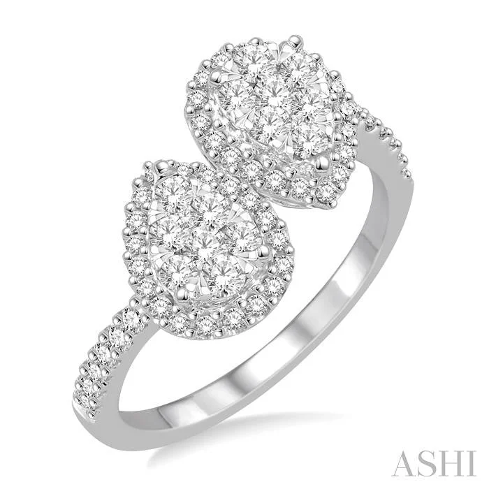 Ladies diamond cocktail rings-PEAR SHAPE 2 STONE HALO LOVEBRIGHT DIAMOND FASHION RING