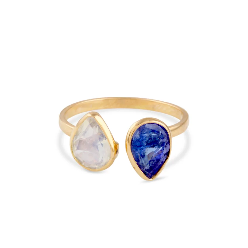 Ladies round rings-Tanzanite & Rainbow Moonstone Pear Shape Ring In 18K Yellow Gold