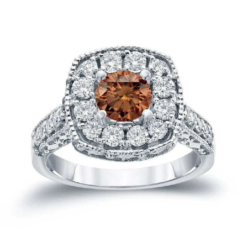 Ladies bezel set engagement rings-Auriya Ornate 1 1/2ctw Halo Brown Diamond Engagement Ring 14k Gold