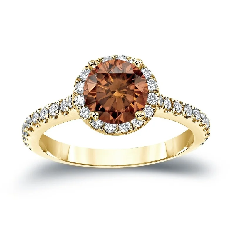 Ladies halo engagement rings-Auriya 1 1/3ctw Round Halo Brown Diamond Engagement Ring 14k Gold