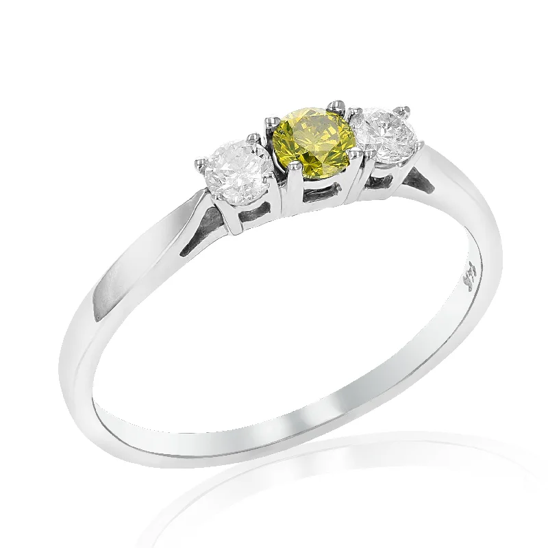 Ladies double halo engagement rings-1/2 cttw 3 Stone Yellow and White Diamond Engagement Ring 14K White Gold