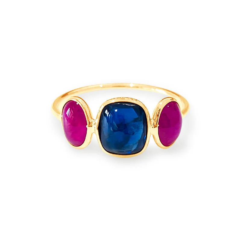 Ladies unique wedding rings-Blue Sapphire Budget Shape & Ruby Oval Ring In 18K Yellow Gold