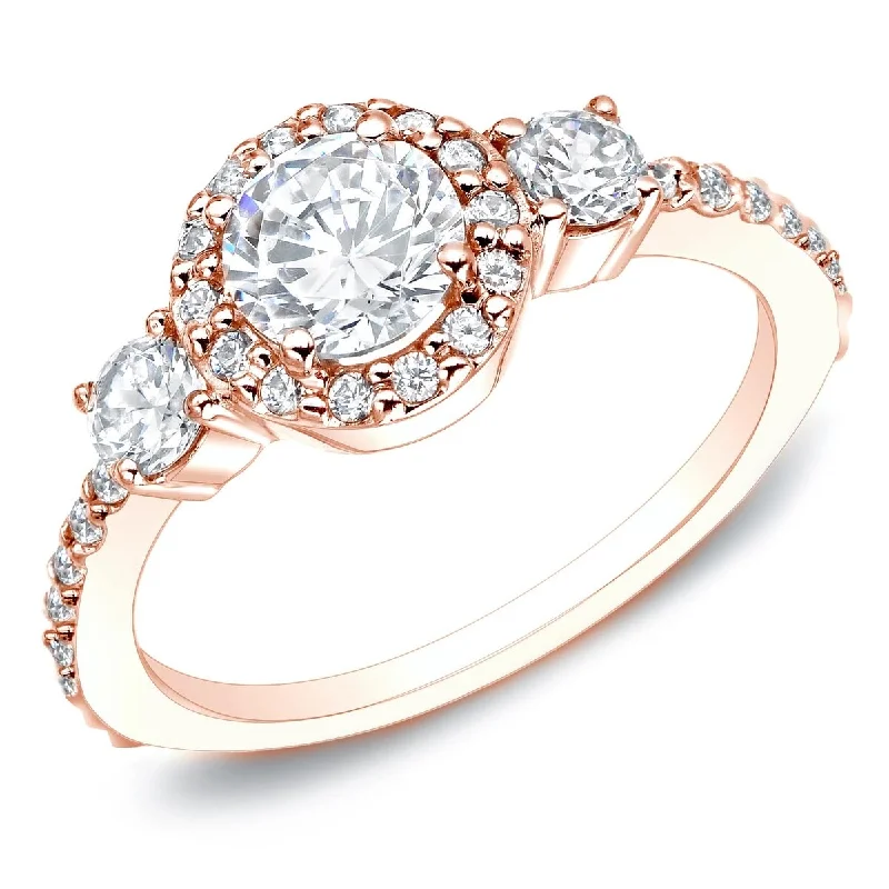 Ladies stacked engagement rings-Auriya 14k Rose Gold 3/4ctw Round 3-Stone Diamond Halo Engagement Ring (G-H, I1-I2)