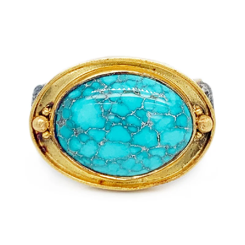 Ladies hammered rings-Turquoise, 22K Yellow Gold & Sterling Silver Ring - "Vetus"