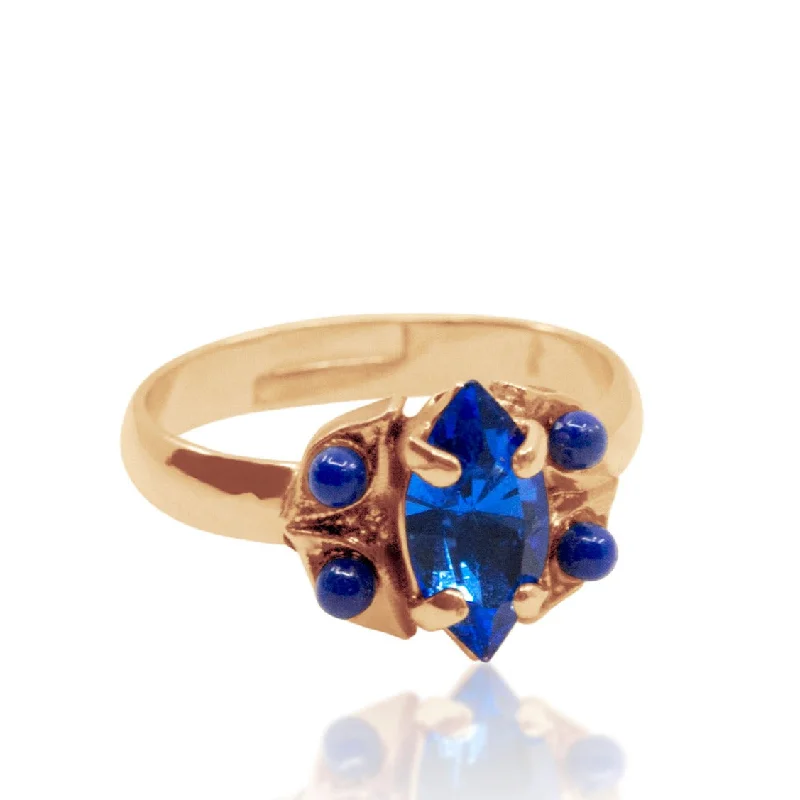 Ladies cluster rings-Chic Swarovski Blue and Rose Gold Adjustable Ring by AMARO