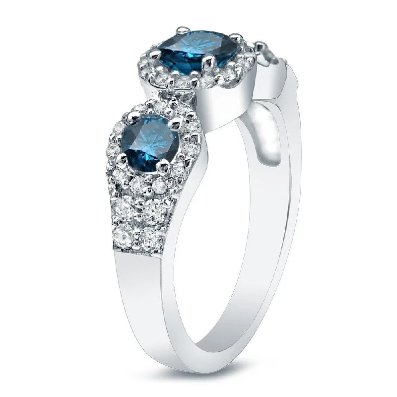 Ladies cushion cut engagement rings-Auriya 14k Gold 1 1/5ctw 3-Stone Halo Blue Diamond Engagement Ring (G-H, I1-I2)