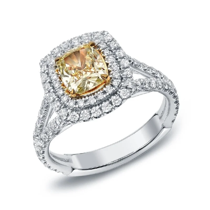 Ladies affordable engagement rings-Auriya 2ct TDW Cushion-Cut Fancy Yellow Diamond Halo Engagement Ring 18K Gold Certified