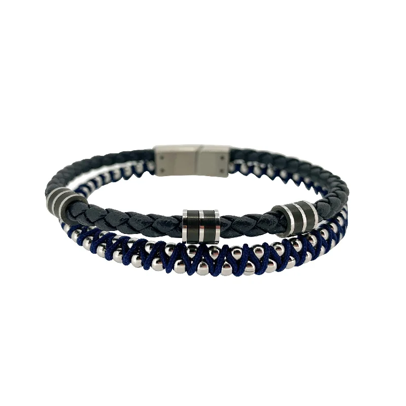 Ladies sterling silver bangles-Navy Blue Leather 2 Cord Bracelet with Stainless Steel Beading