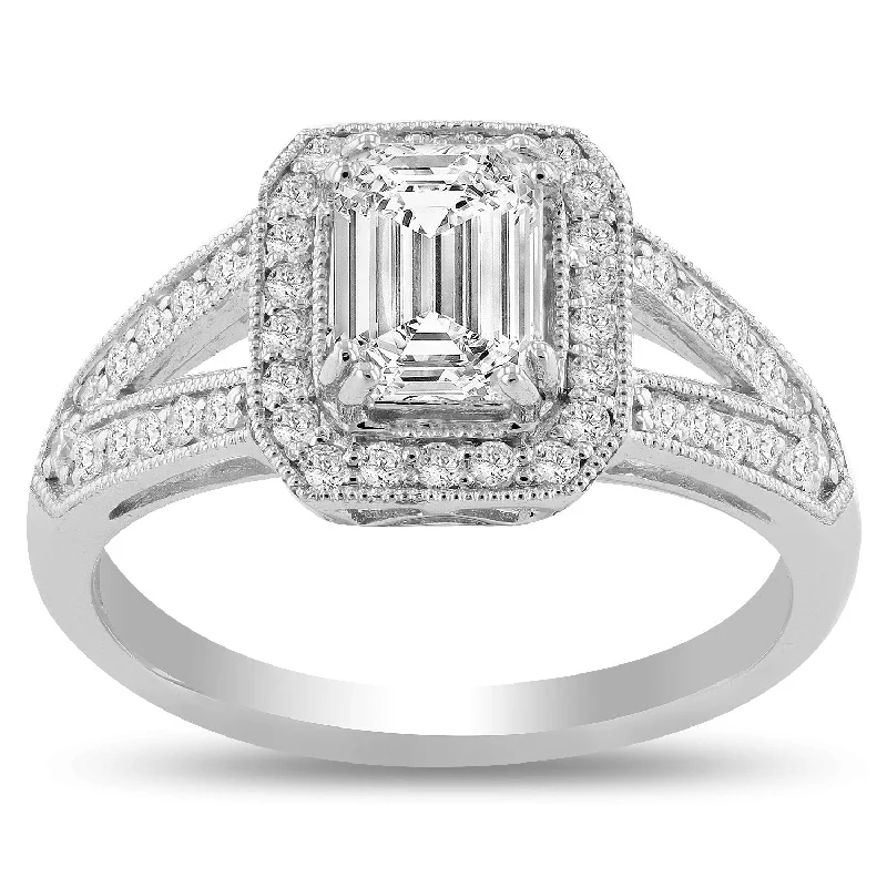 Ladies engagement rings with sapphire accents-Auriya Platinum 1 1/3ctw Vintage Emerald-cut Halo Diamond Engagement Ring (F, VS1)