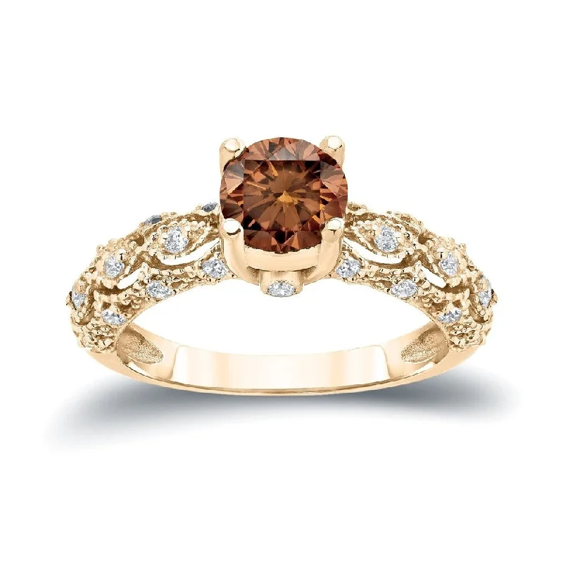 Ladies custom engagement rings-Auriya Unique Vintage 1 1/4ctw Champagne Brown Diamond Engagement Ring 14k Gold (I1-I2)