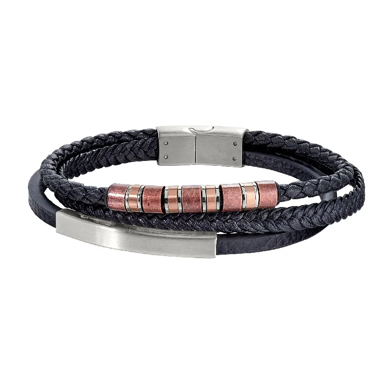 Ladies personalized bracelets-Leather 3 Cord Men's Bracelet with Stainless Steel Bar & Spiral Accents