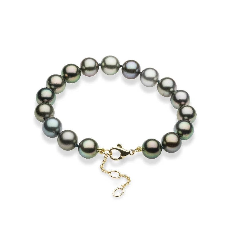 Ladies solid gold bracelets-7.5-9" Adjustable Tahitian Black Pearl Bracelet in Gold - 9-10mm