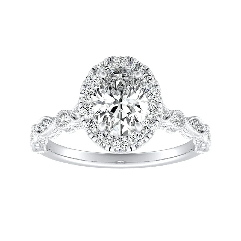 Ladies sparkling engagement rings-Vintage Oval-cut 7/8ctw Halo Diamond Engagement Ring 18k Gold