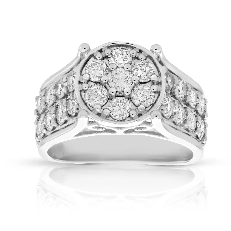 Ladies chic engagement rings-2 cttw Diamond Engagement Ring Round Cluster Composite 14K White Gold Bridal