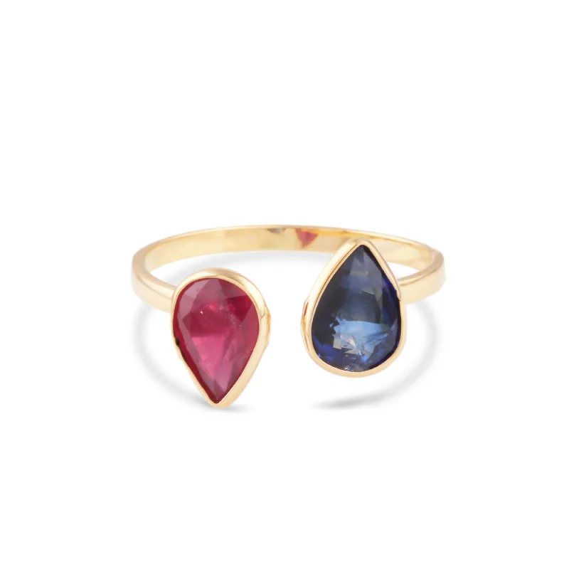 Ladies oval rings-Tanzanite & Ruby Pear shape Ring In 18K Yellow Gold