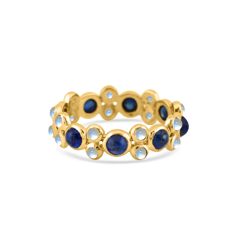 Ladies gemstone rings-Blue Sapphire Round & Rainbow Moonstone Round Ring In 18K Yellow Gold