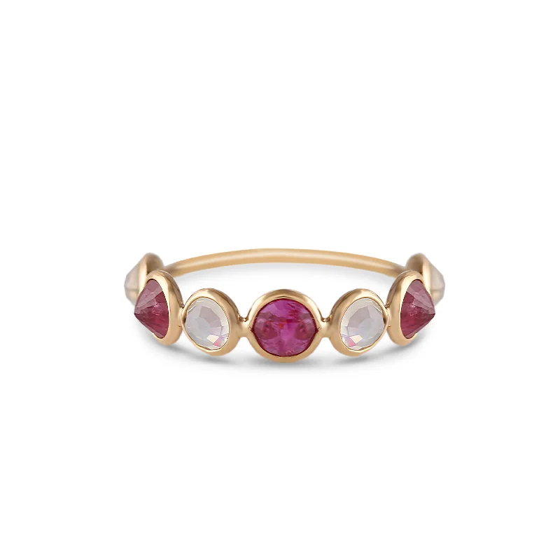 Ladies personalized rings-Ruby & Rainbow Moonstone Round Ring In 18K Yellow Gold