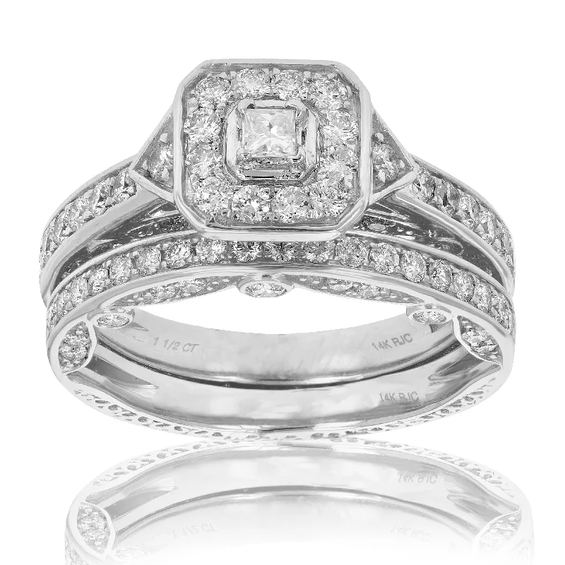 Ladies affordable diamond engagement rings-1 1/4 cttw Diamond Wedding Engagement Ring Bridal Set 14K White Gold Halo