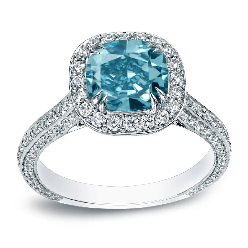 Ladies contemporary engagement rings-Auriya 18k Gold 3 carat TW Cushion-cut Halo Blue Diamond Engagement Ring