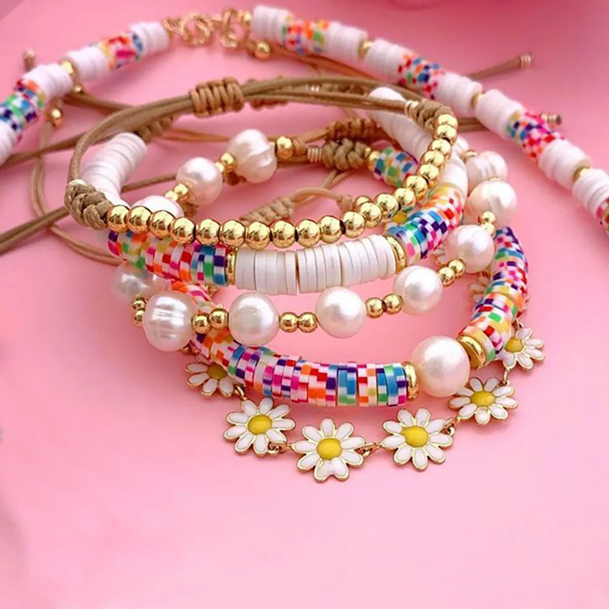 Ladies rose gold bracelets-Fashion Flower Freshwater Pearl Soft Clay Knitting Bracelets